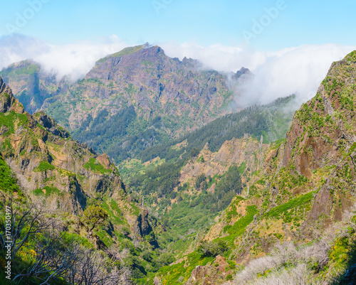 View of mountains on the route Pico Areeiro - Pico Ruivo, Madeira Island, Portugal, Europe.