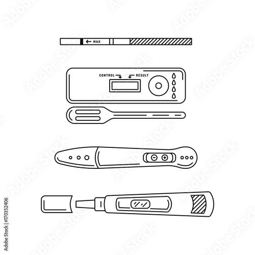 Vector illustration of pregnancy test, different types of tests. Vector outline silhouettes isolated on white background