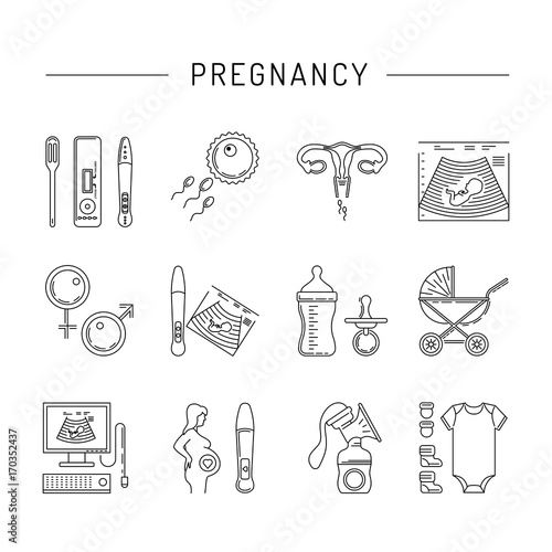 Vector icons on the theme of pregnancy, childbearing and conception. Medical issue of family planning and children. Medical equipment to survey pregnancy and pregnant women.