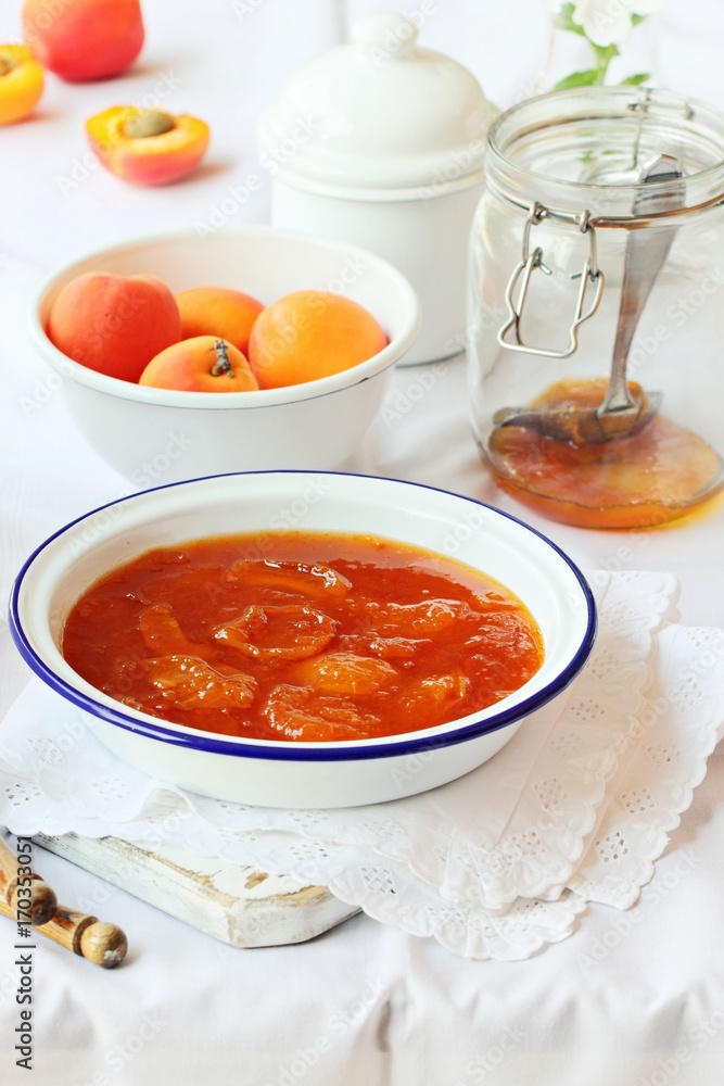 Apricot jam. Homemade apricots marmalade. Selective focus Apricot jam. Homemade apricots marmalade. Selective focus