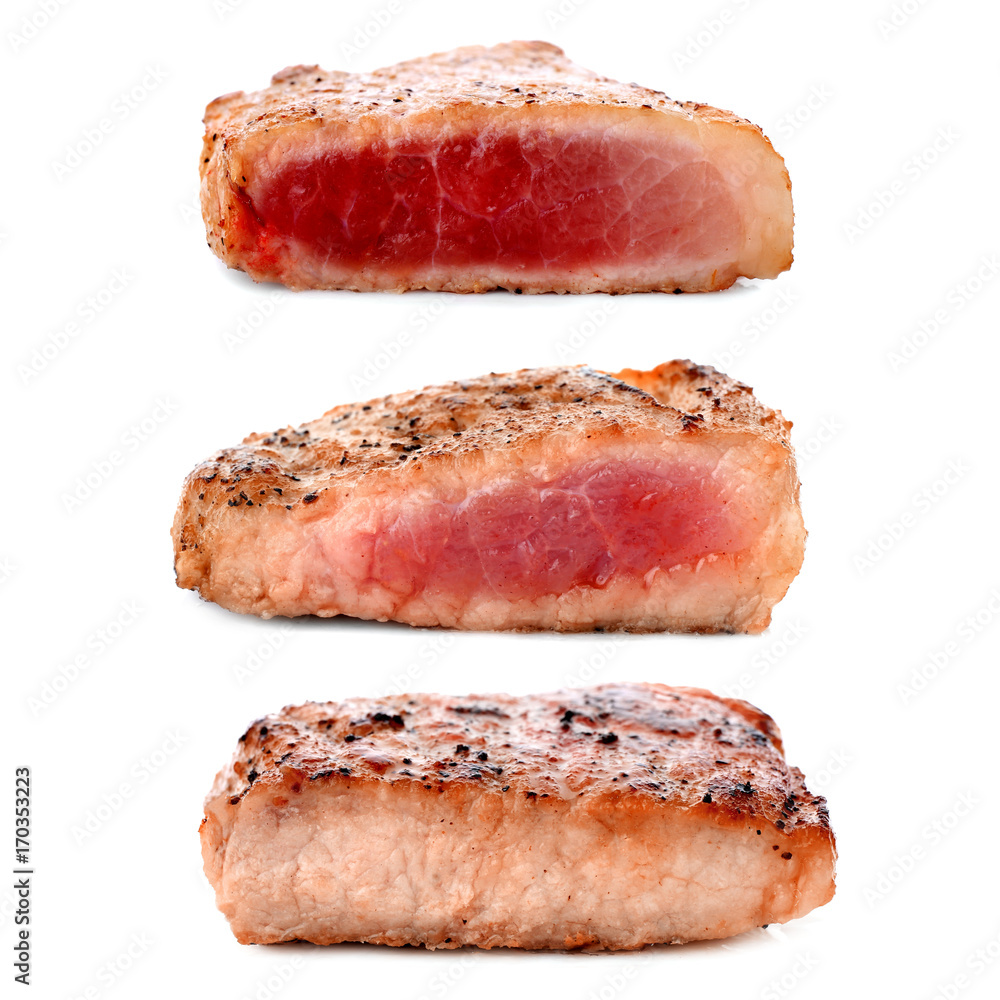 Different degrees of meat doneness on white background