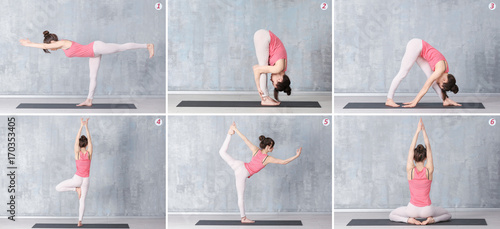 Collage of young woman prac...