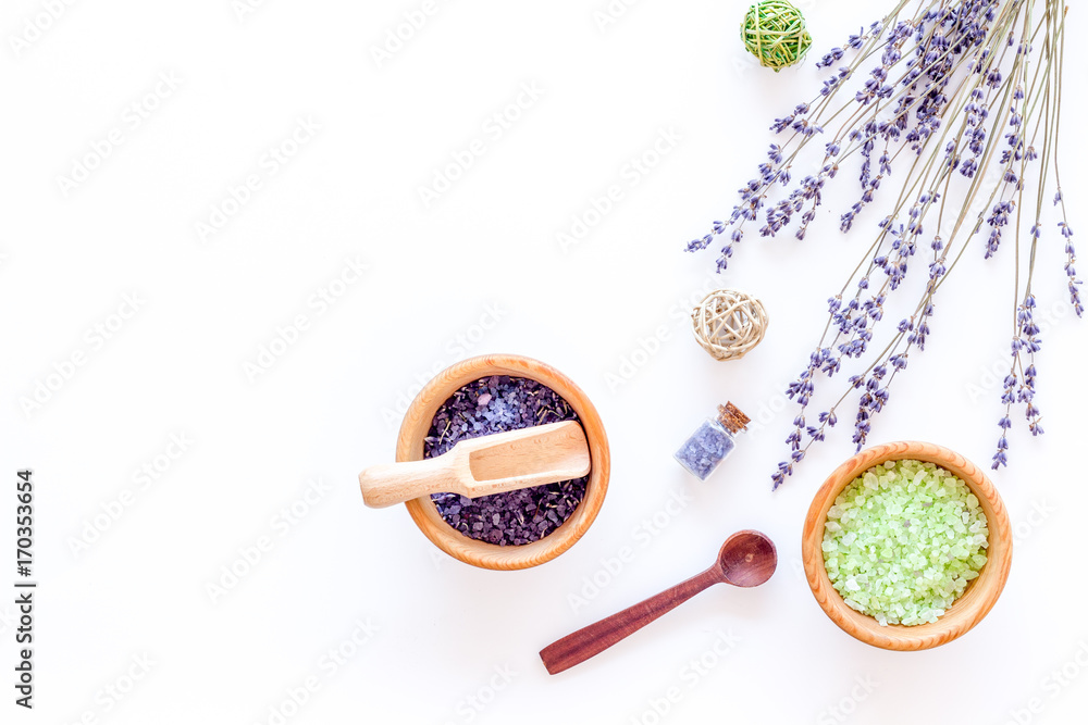 bath salt in herbal cosmetic with lavender on white desk background top view space for text bath salt in herbal cosmetic with lavender on white desk background top view space for text