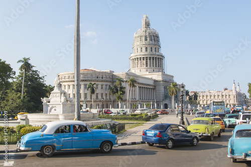 Classic car with the Capitolio on the background in Havana, Cuba