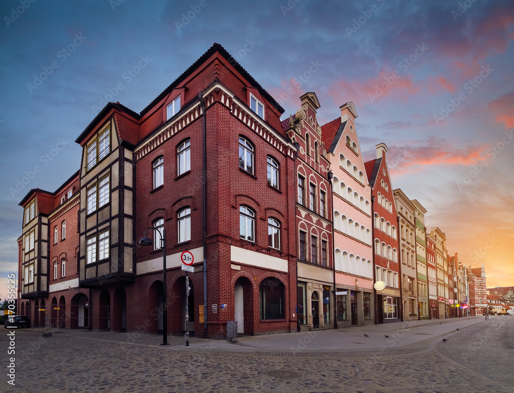 The houses on the street of old city in Gdansk in the evening, Poland