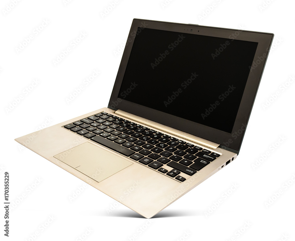Hovering rose gold laptop with black screen Hovering rose gold laptop with black screen