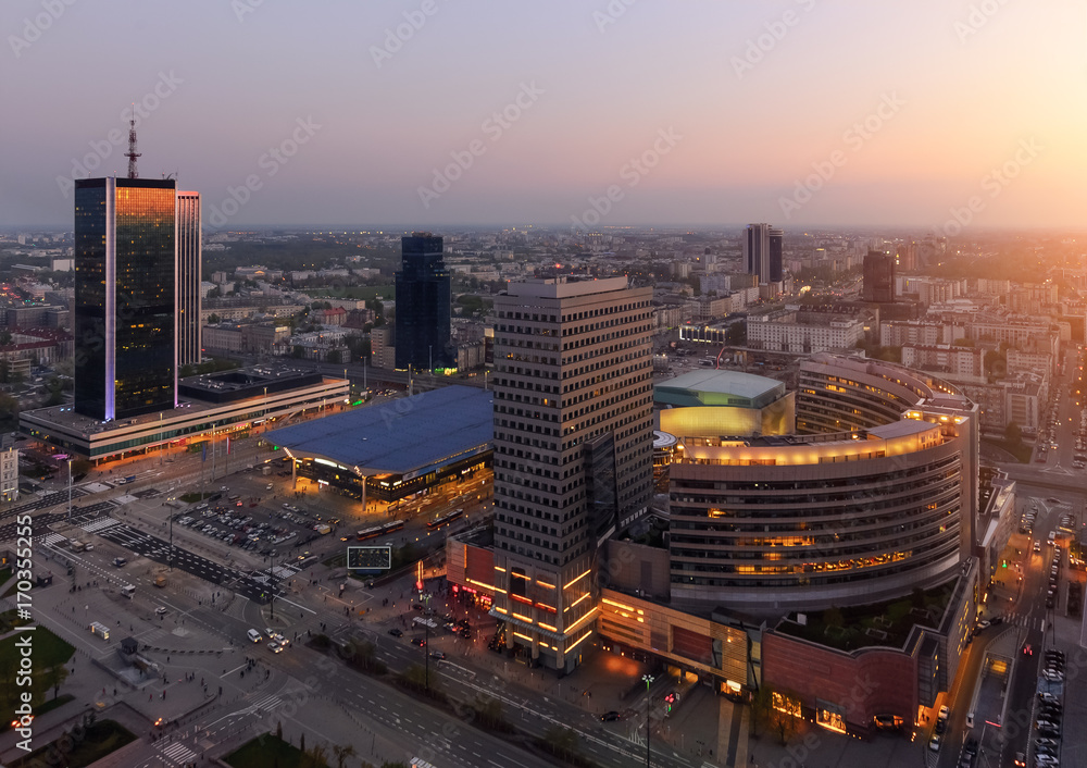 Panorama of Warsaw city with modern skyscrapers during sunset