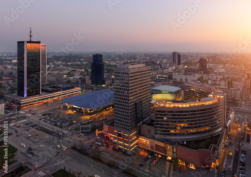 Panorama of Warsaw city with modern skyscrapers during sunset