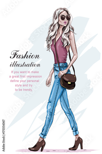 Beautiful fashion model with blonde hair. Hand drawn stylish young woman walking. Fashion woman with bag. Sketch. Vector illustration.