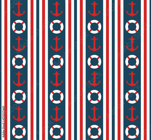 Seamless nautical vertical stripes pattern vector with anchors and life buoys marine background colorful vintage retro design