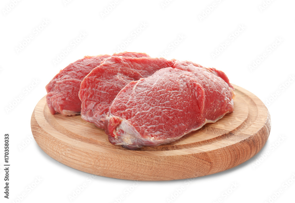 Wooden board with fresh raw meat on white background