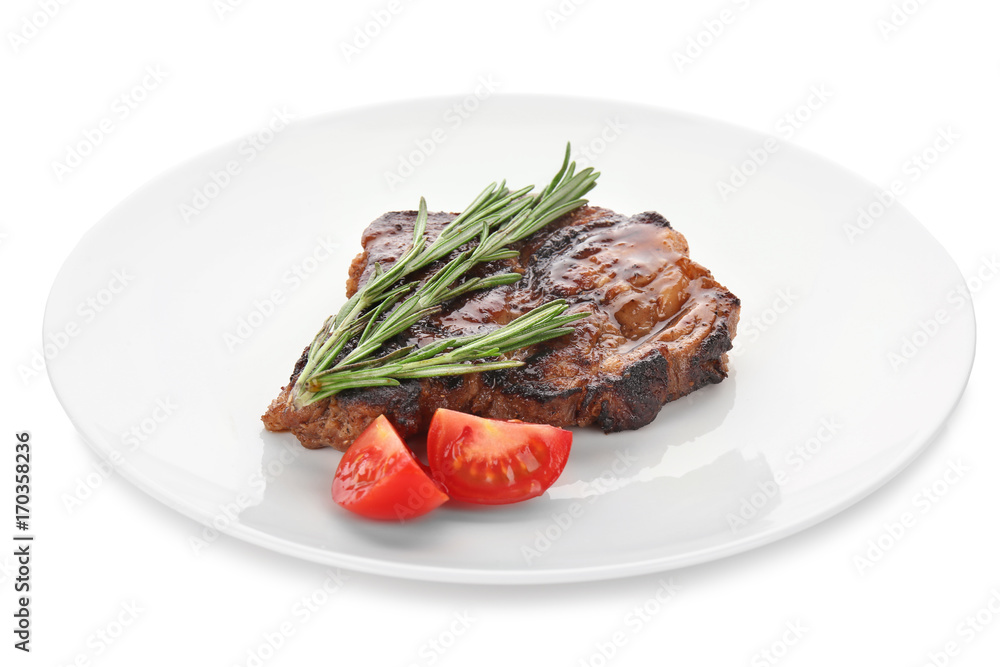 Plate with tasty steak on white background Plate with tasty steak on white background