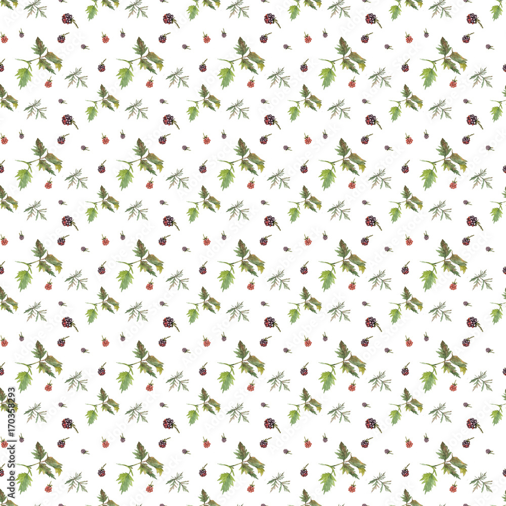 Red and violet blackberries on white background. Seamless watercolor pattern
