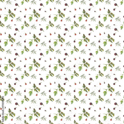 Red and violet blackberries on white background. Seamless watercolor pattern