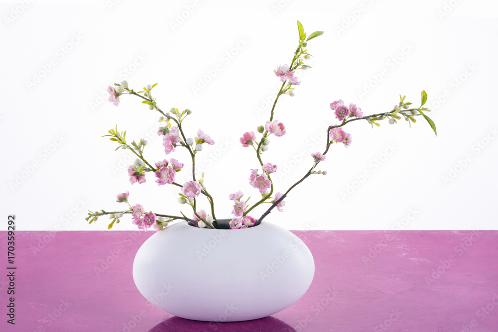 Sakura in a white vase on a white table. The background is white.