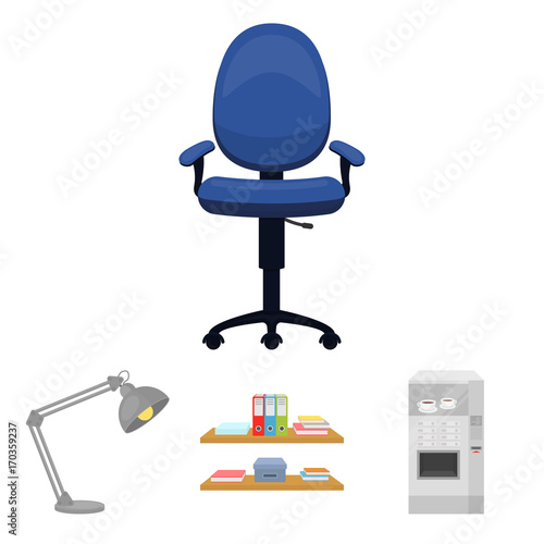 Shelves, folders and notebooks with business records, a coffee machine with cups, an armchair with a backrest on wheels, a desk lamp. Office Furniture set collection icons in cartoon style vector