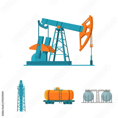 A railway tank, an oil storage, a drilling tower, an oil pump. Oil industry set collection icons in cartoon style vector symbol stock illustration web.