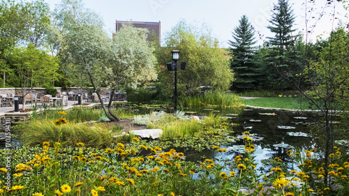 Canvastavla Lilly pad pond and reflecting pool at Innovation Place at the University of Saskatchewan in Saskatoon Canada