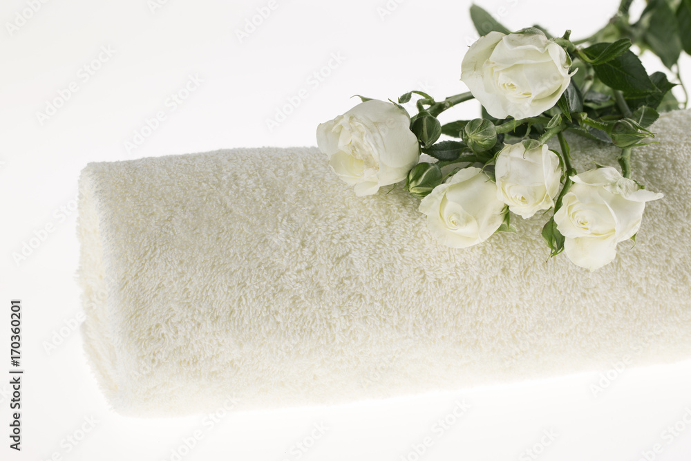 Spa. White roses and a towel on a white background