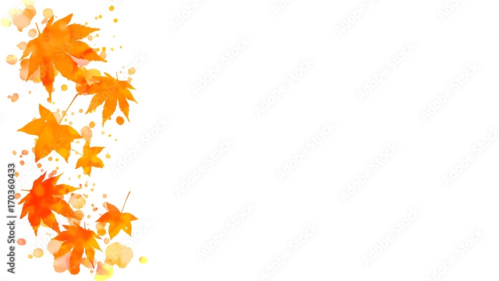 Fototapeta premium Border of colorful orange and red autumn maple leaves and abstract wet watercolor paint blots on copy space white background. May be used for vertical or horizontal design.