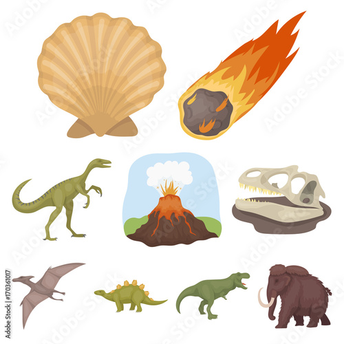 Ancient extinct animals and their tracks and remains. Dinosaurs, tyrannosaurs, pnictosaurs.Dinisaurs and prehistorical icon in set collection on cartoon style vector symbol stock illustration.