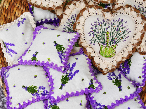 Lavender mini pillows with hanging filled with dry lavender flowers. Handcrafted lavender cotton sachets with crocheted margins.