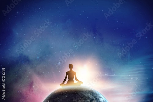 Composite image of full length of female practicing meditation