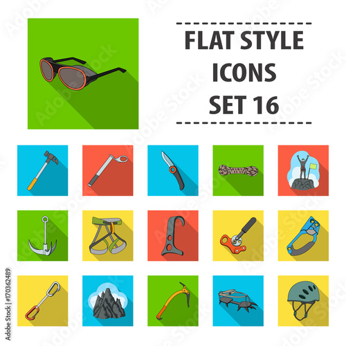Ice ax, conquered top, mountains in the clouds and other equipment for mountaineering.Mountaineering set collection icons in flat style vector symbol stock illustration web.