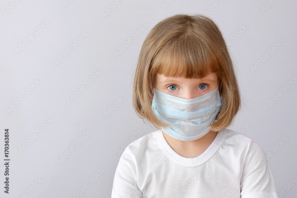 child kid girl epidemic flu medicine child medical mask.A place for a label. child kid girl epidemic flu medicine child medical mask.A place for a label.