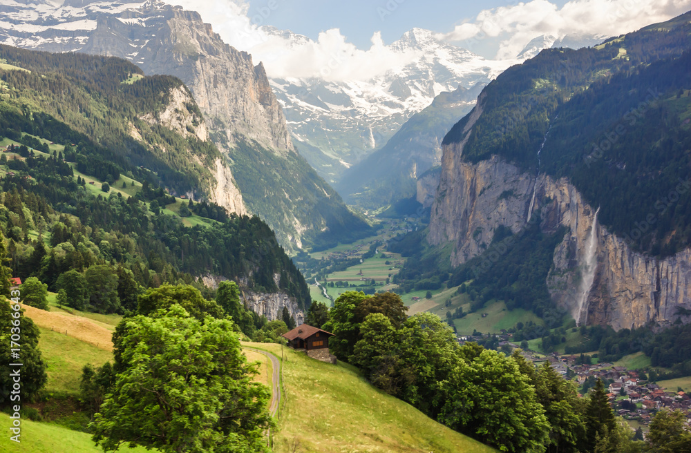 Fototapeta premium Stunning Lauterbrunnen valley rural view, bird eye view from Murren, Lauterbrunnen, Bernese Oberland, Switzerland, Europe.