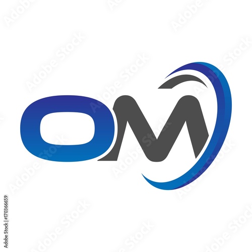 vector initial logo letters om with circle swoosh blue gray