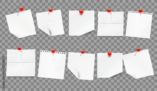 Set of white realistic notes with red pins on gray transparent background. Ready for your design.