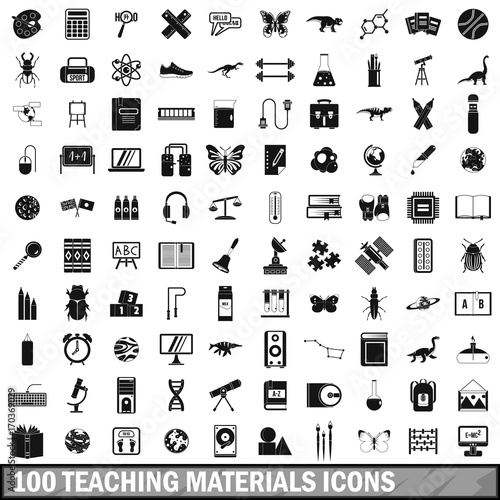 100 teaching materials icons set, simple style 