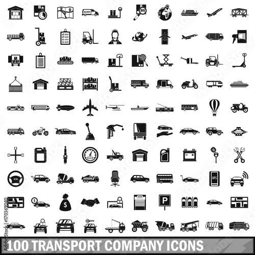 100 transport company icons set, simple style 