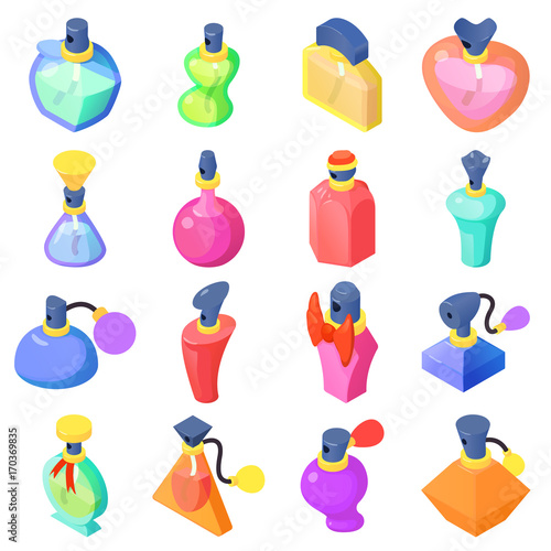 Perfume bottles icons set, isometric style