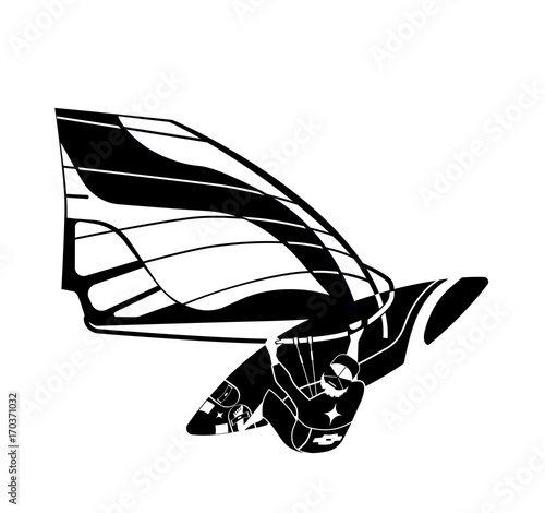Water active recreation. Windsurfing vector character logo with surfboard and riding on ocean isolated. Recreational beach water sport flat design character on surfing. Man on surfing vacation