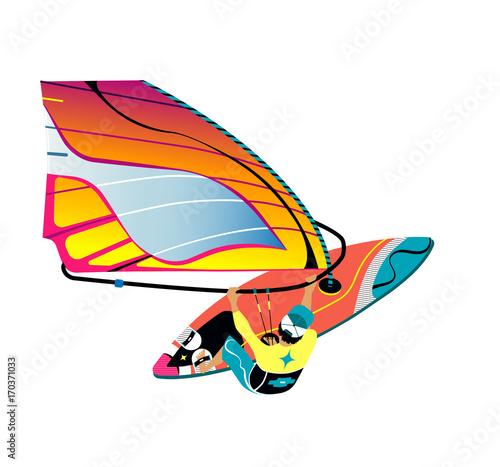 Water active recreation. Windsurfing vector character with surfboard and riding on ocean isolated. Recreational beach water sport flat design character on surfing. Man on surfing vacation