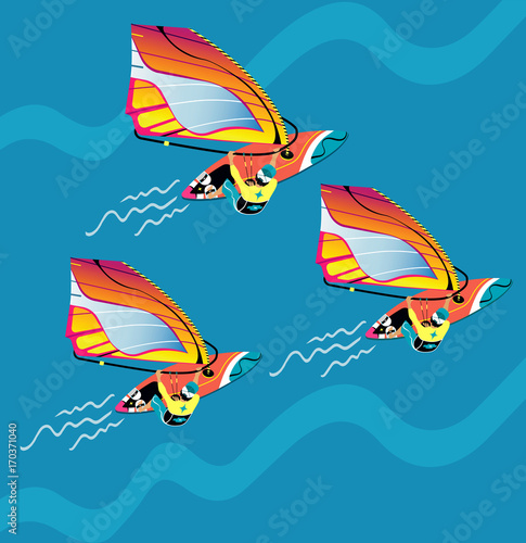Water active recreation. Windsurfing character with surfboard and riding on ocean wave. Recreational beach water sport flat design character on surfing. People on surfing vacation