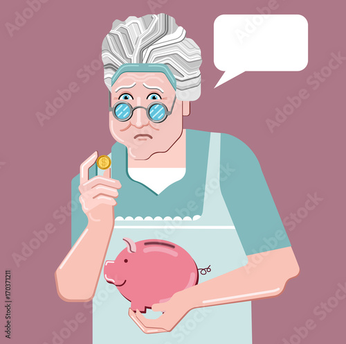 Piggy bank simple vector illustration in flat linework style. Sad senior woman holding golden piggy bank. Pension. Speech bubble