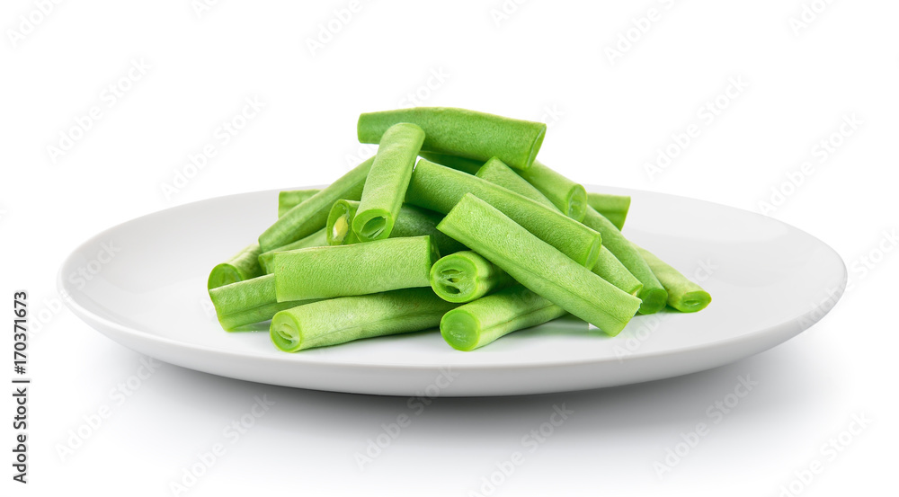 Green beans plate isolated on a white background Green beans plate isolated on a white background