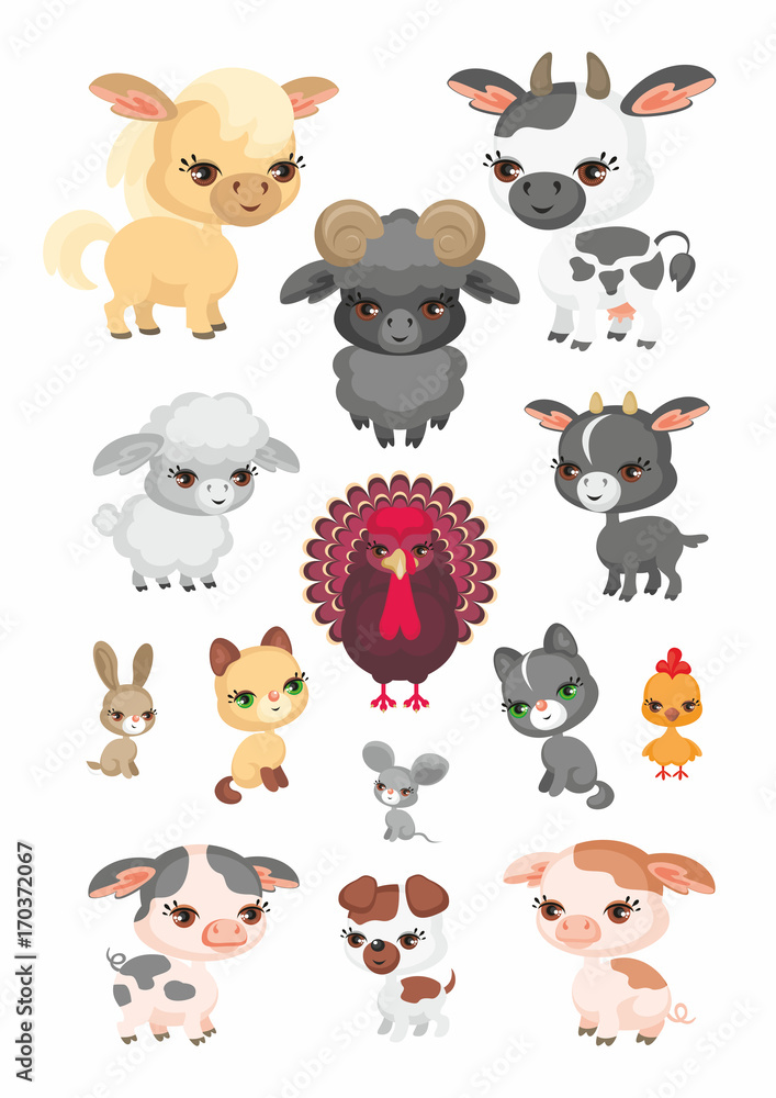 The image of cute farm animals in cartoon style. Children’s illustration. Vector set. The image of cute farm animals in cartoon style. Children’s illustration. Vector set.