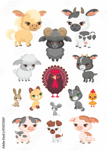 The image of cute farm animals in cartoon style. Children’s illustration. Vector set.