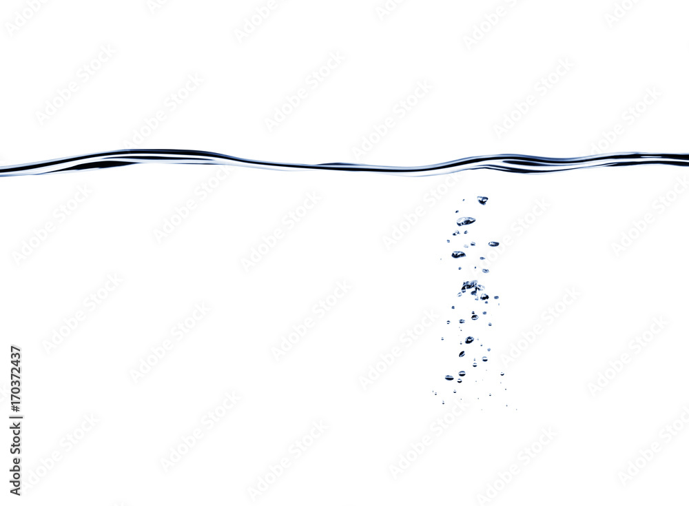 Blue flowing water wave and bubbles isolated on white