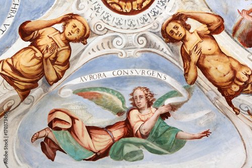 Ange. Fresque. Sanctuaire Madonna del Sasso. XVIe si  cle. Locarno. Orselina. Suisse.   Angel. Fresco. Sanctuary Madonna del Sasso. Orselina. Locarno. Switzerland..