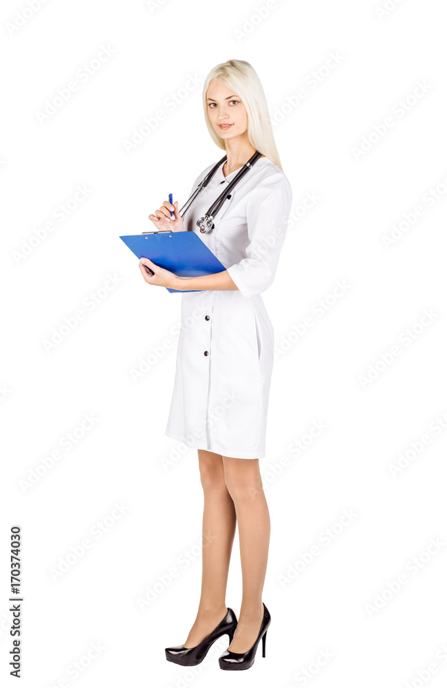 Female doctor with stethoscope writing to clipboard. Female doctor with stethoscope writing to clipboard.