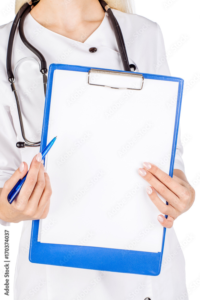 Smiling female doctor assistant scientist in white coat over white isolated background with white blank board Smiling female doctor assistant scientist in white coat over white isolated background with white blank board