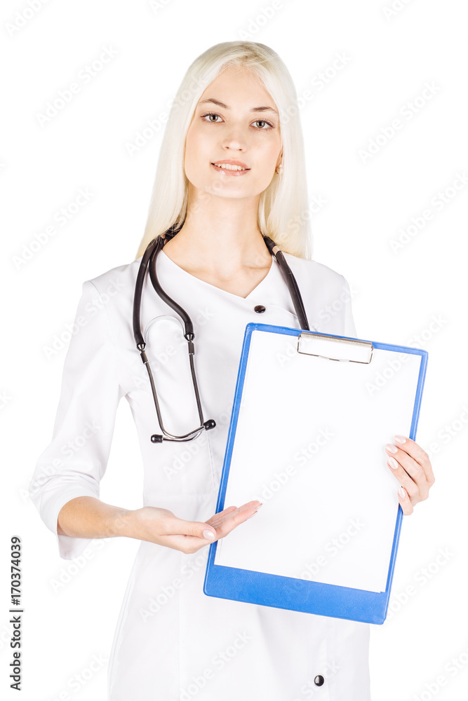 Smiling female doctor assistant scientist in white coat over white isolated background with white blank board Smiling female doctor assistant scientist in white coat over white isolated background with white blank board