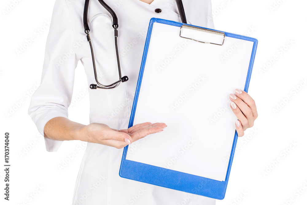 Smiling female doctor assistant scientist in white coat over white isolated background with white blank board Smiling female doctor assistant scientist in white coat over white isolated background with white blank board
