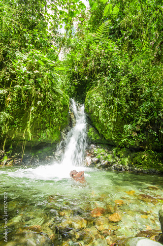 Beautiful small waterfall in green forest with stones in river at Mindo