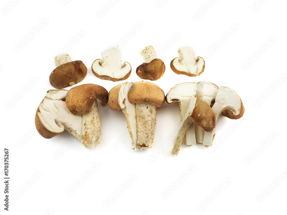 Fototapeta premium Fresh sliced champignon mushrooms isolated on white background